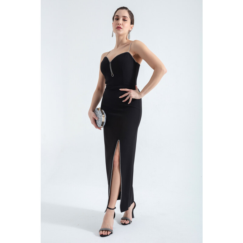 Lafaba Women's Black Stone Strap Slit Midi Evening Dress