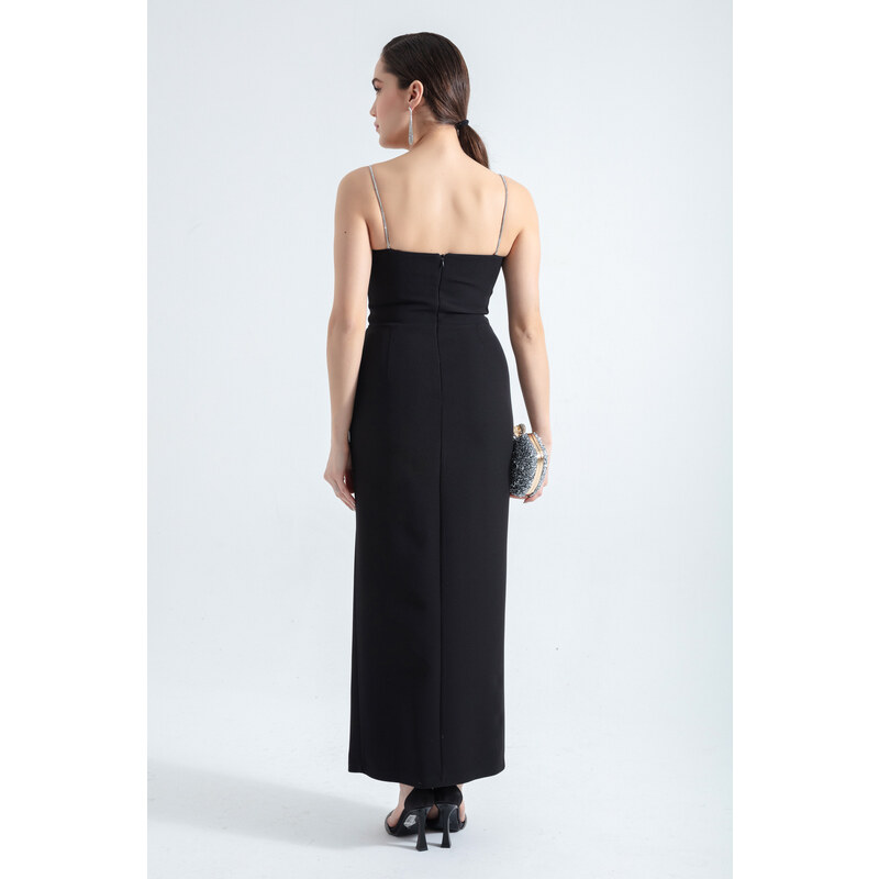 Lafaba Women's Black Stone Strap Slit Midi Evening Dress