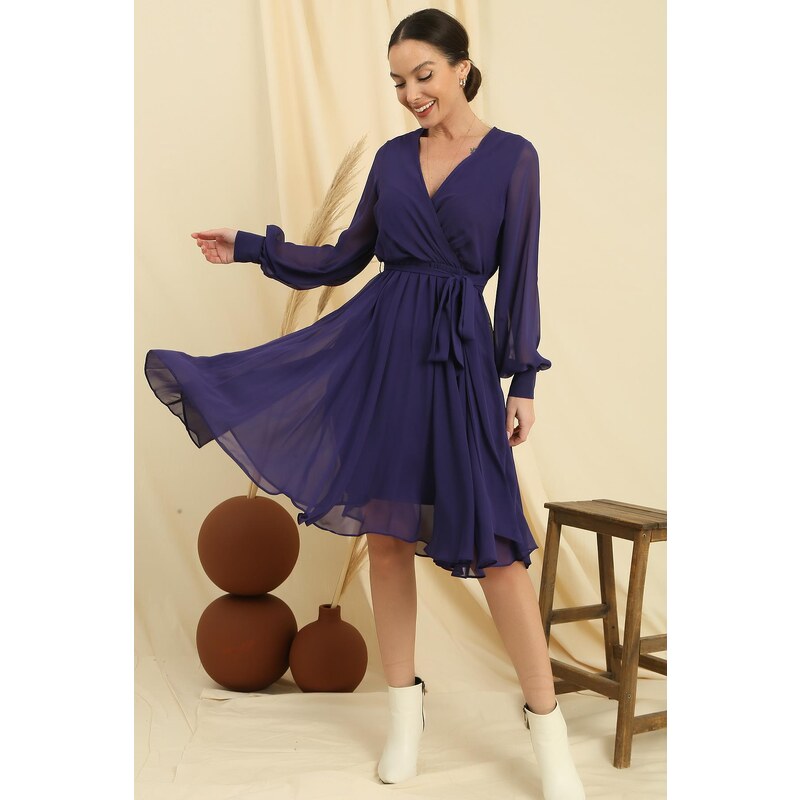 By Saygı Double Breasted Neck Long Sleeve Lined Chiffon Dress