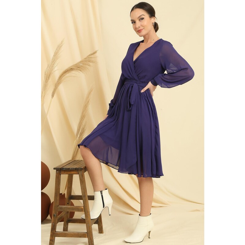 By Saygı Double Breasted Neck Long Sleeve Lined Chiffon Dress