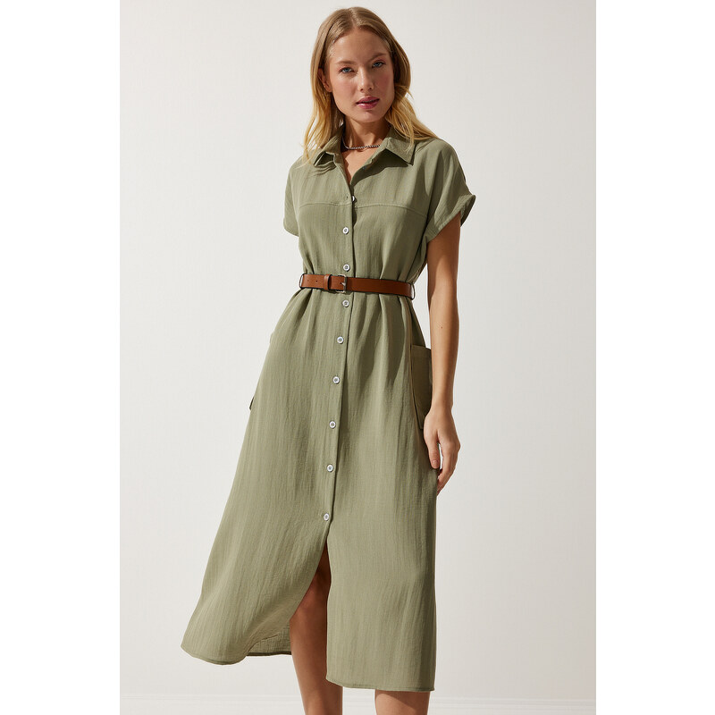 Happiness İstanbul Women's Khaki Belted Woven Dress