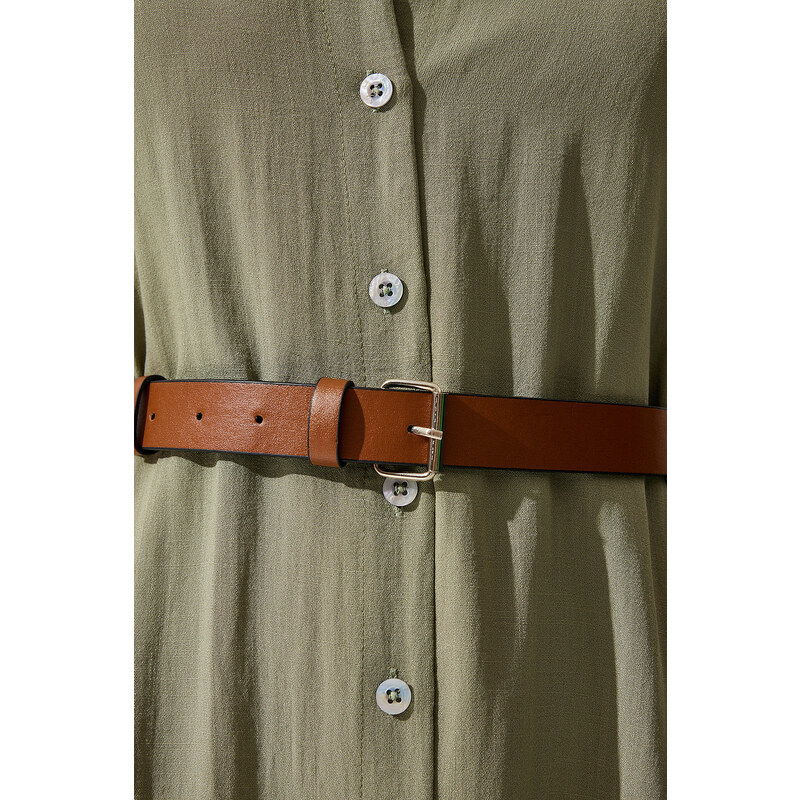 Happiness İstanbul Women's Khaki Belted Woven Dress