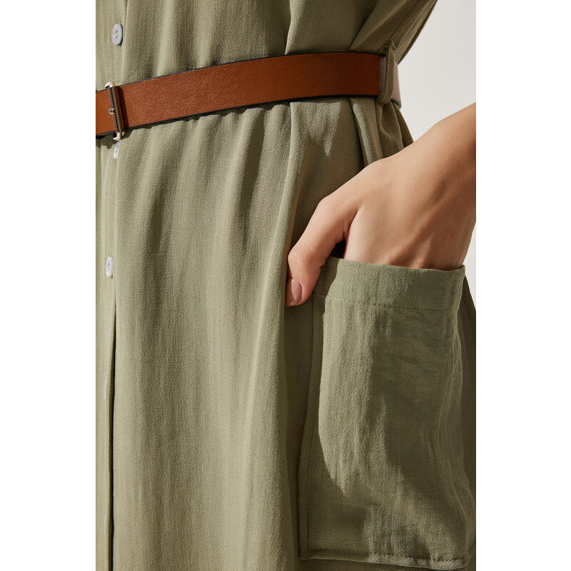 Happiness İstanbul Women's Khaki Belted Woven Dress