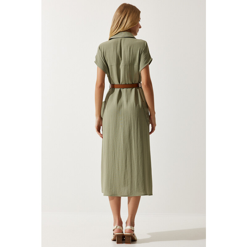 Happiness İstanbul Women's Khaki Belted Woven Dress