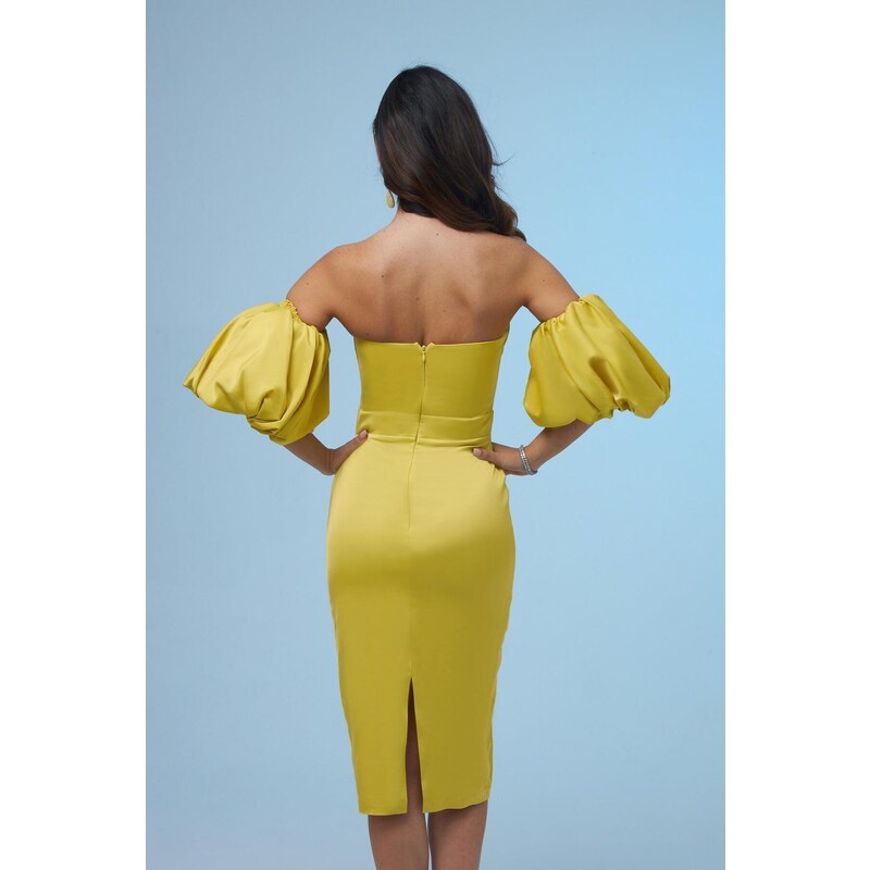 Carmen Yellow Satin Balloon Sleeve Short Evening Dress