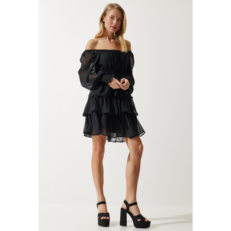 Happiness İstanbul Women's Black Flounce Chiffon Dress