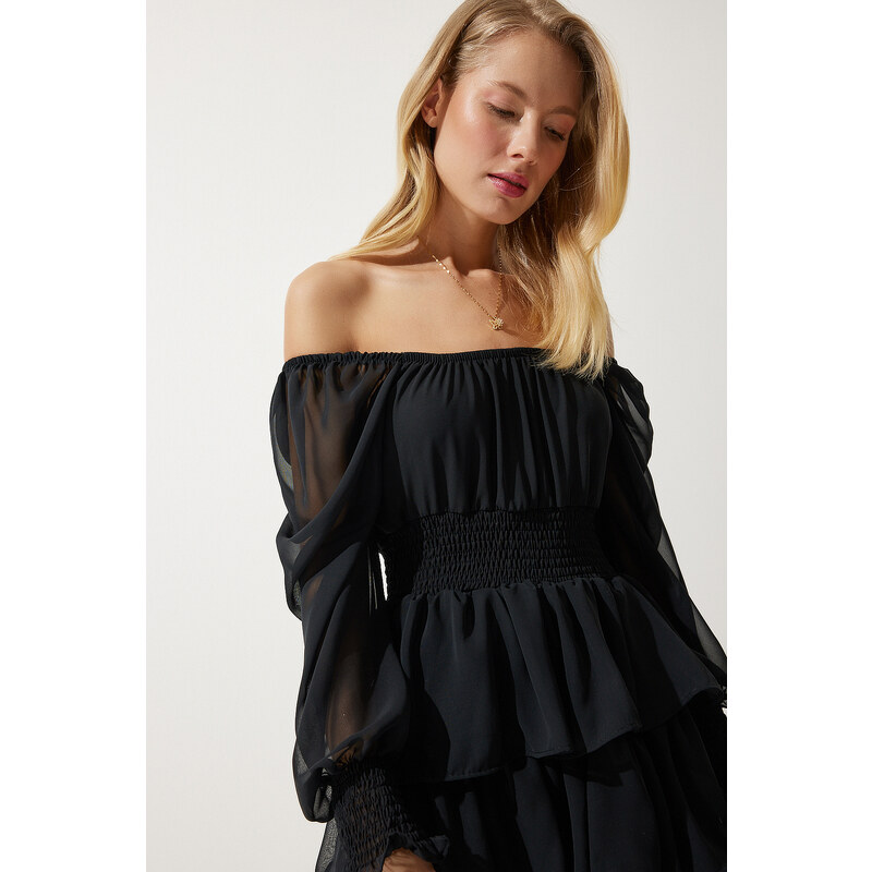 Happiness İstanbul Women's Black Flounce Chiffon Dress