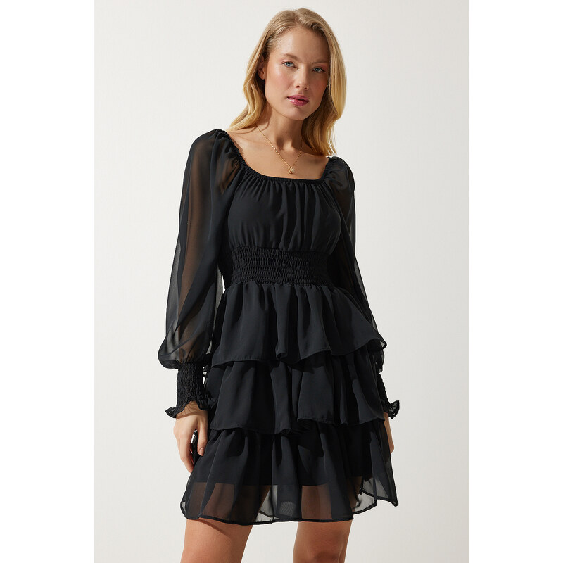 Happiness İstanbul Women's Black Flounce Chiffon Dress