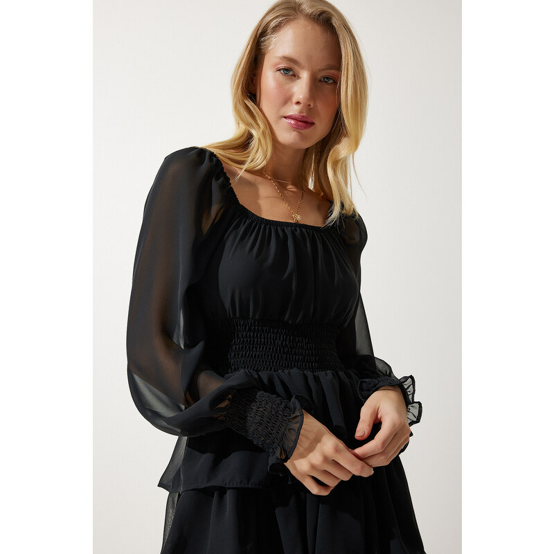 Happiness İstanbul Women's Black Flounce Chiffon Dress