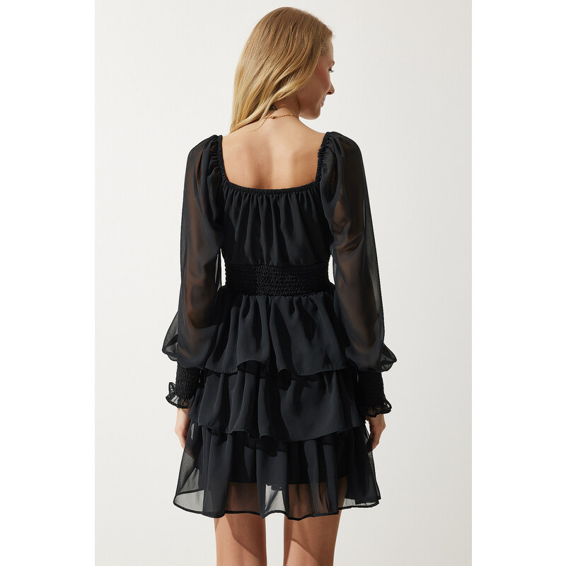 Happiness İstanbul Women's Black Flounce Chiffon Dress