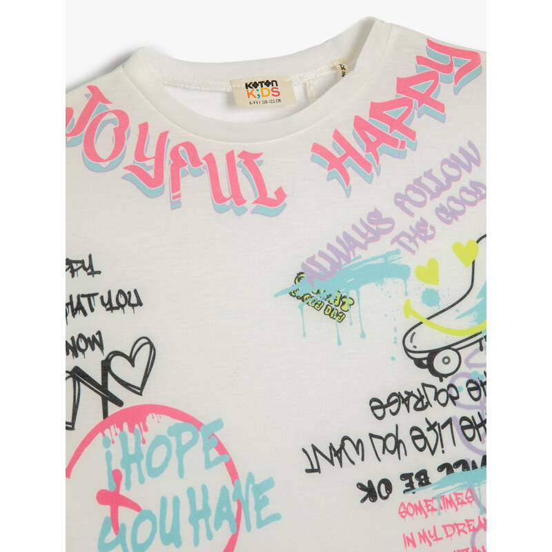 Koton T-Shirt with Short Sleeves, Crew Neck Graffiti Print