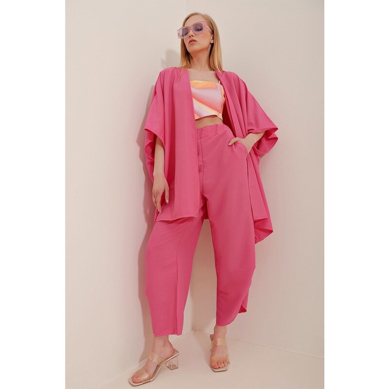 Trend Alaçatı Stili Women's Fuchsia Trousers And Jacket Double Suit With Slit