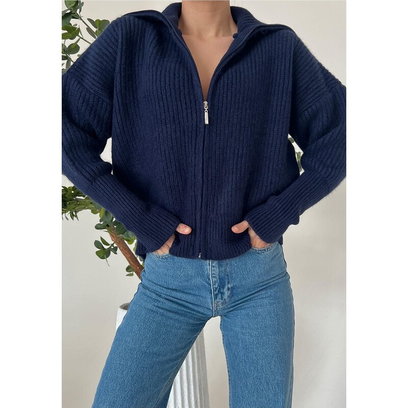 Laluvia Navy Blue Zippered Turtleneck Cardigan