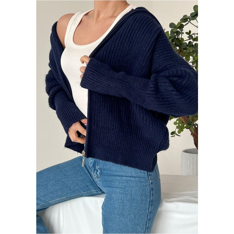 Laluvia Navy Blue Zippered Turtleneck Cardigan