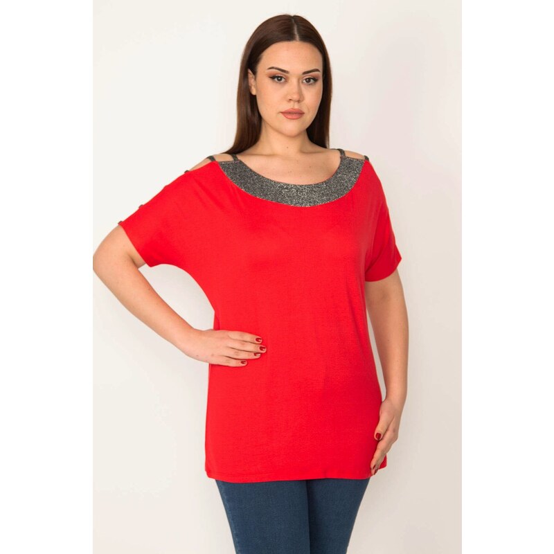 Şans Women's Plus Size Red Decollete Silvery Detailed Lycra Viscose Blouse