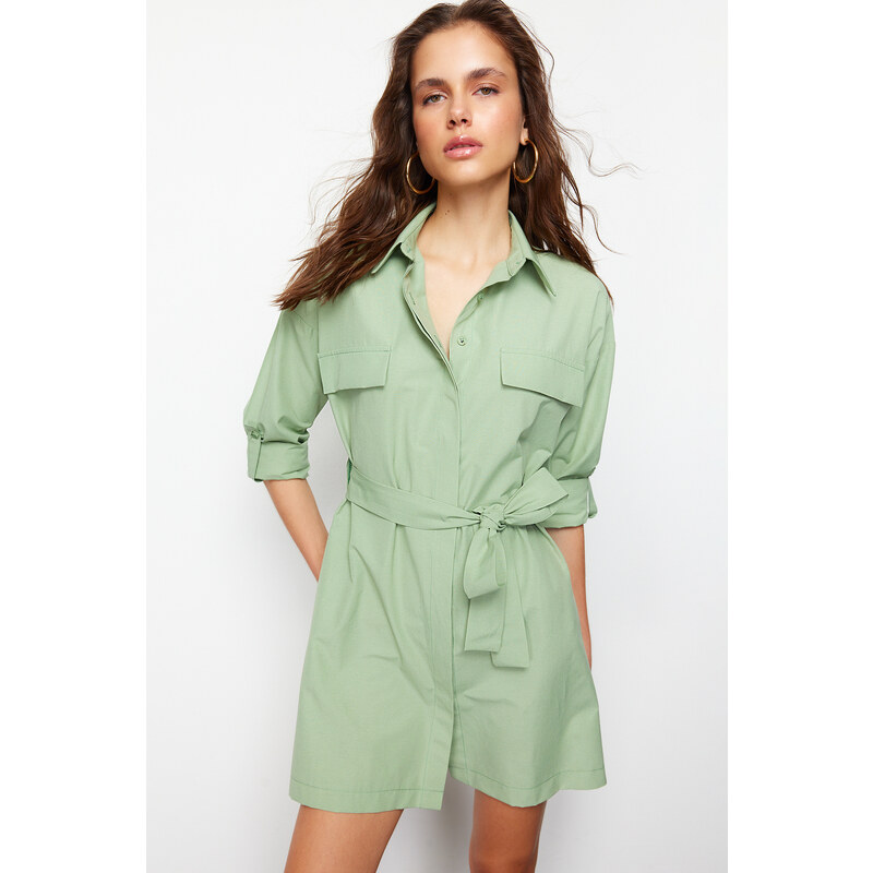 Trendyol Mint Belted Pocketed Mini Woven Shirt Dress