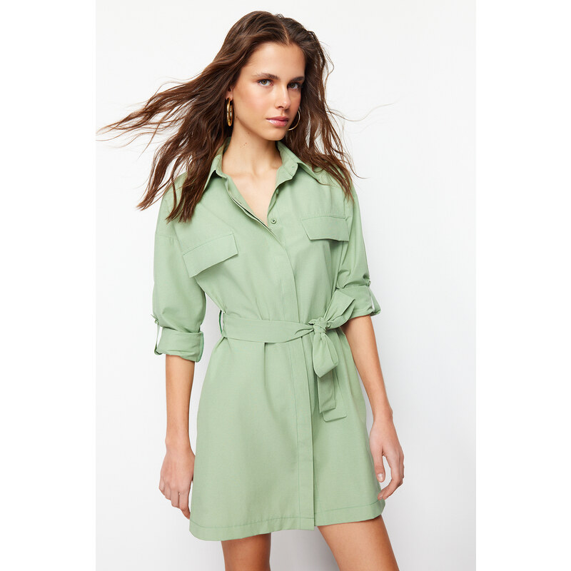 Trendyol Mint Belted Pocketed Mini Woven Shirt Dress