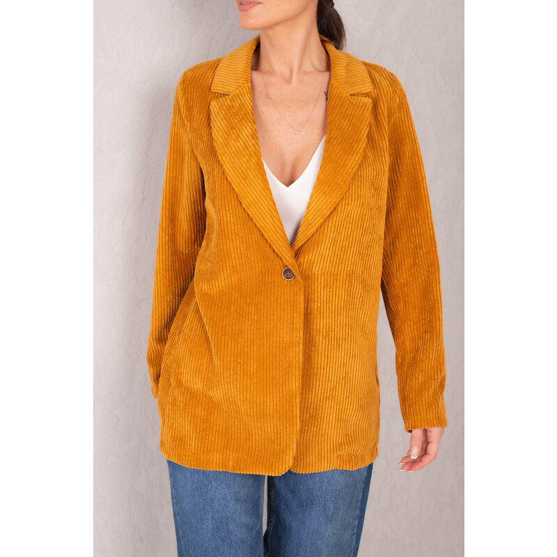 armonika Women's Mustard Single Button Velvet Jacket