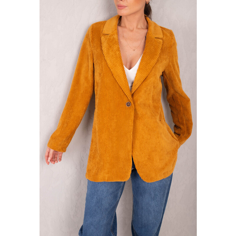 armonika Women's Mustard Single Button Velvet Jacket