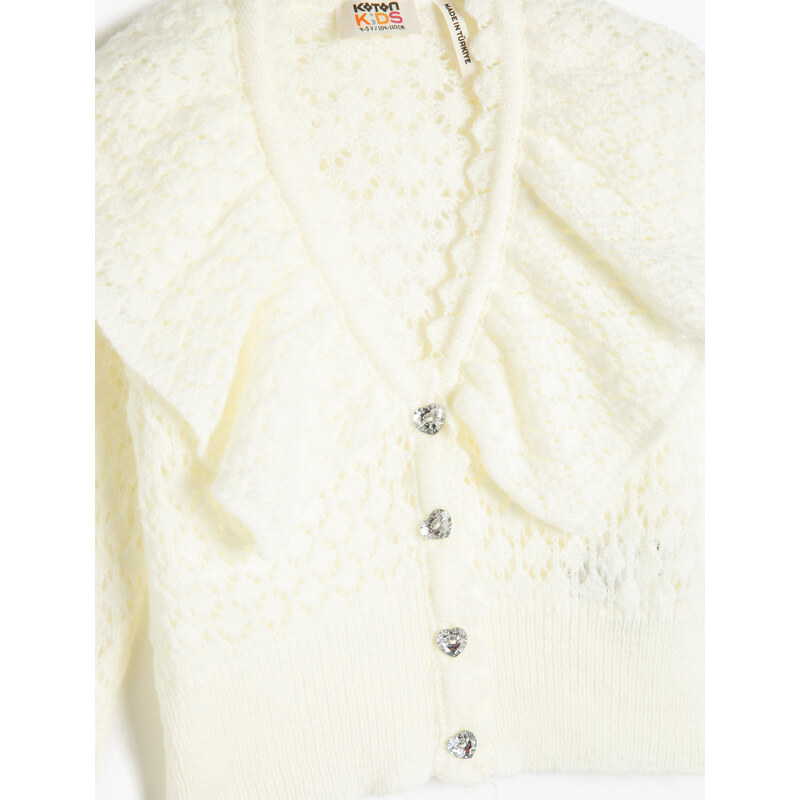 Koton Cardigan Wide Baby Collar Ruffled Openwork Buttoned