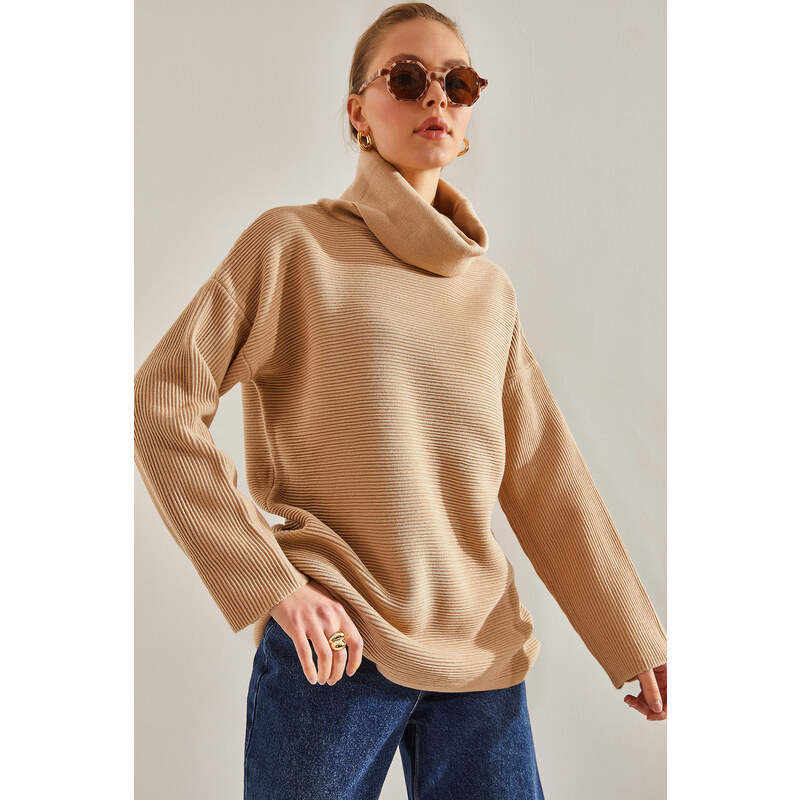 Bianco Lucci Women's Turtleneck Ottoman Knit Oversize Knitwear Sweater