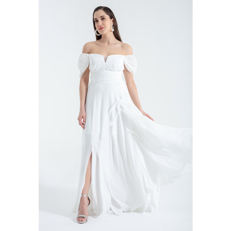 Lafaba Women's White Open Shoulder Slit Detailed Tulle Evening Dress