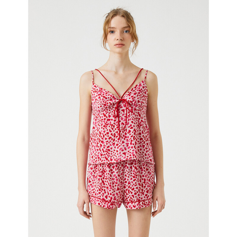 Koton Pajama Top with a Heart Print and Thin Straps V-neck