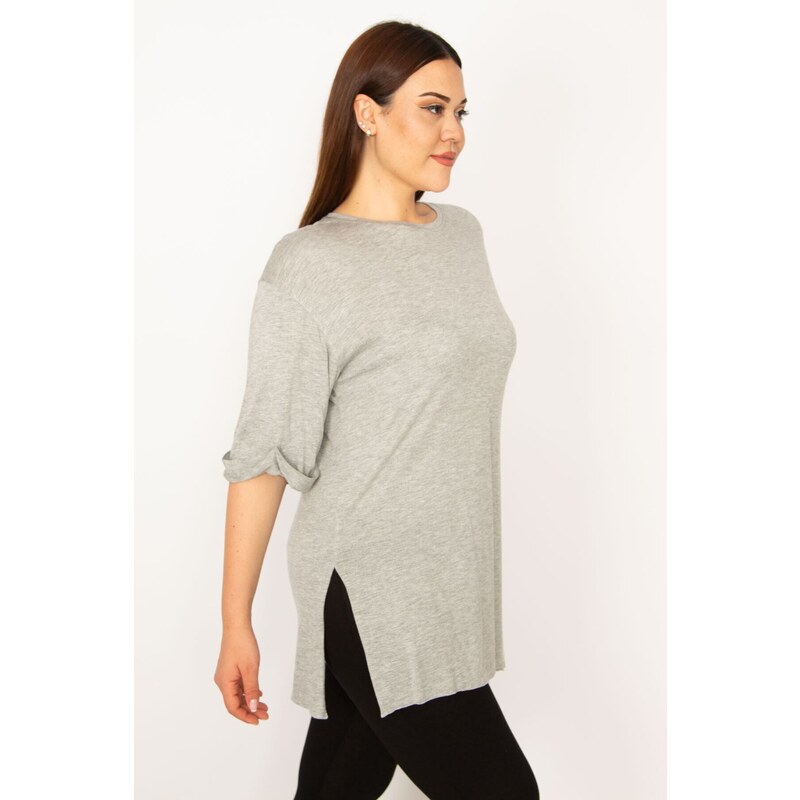 Şans Women's Plus Size Gray Double-Sleeve Blouse with Side Slits