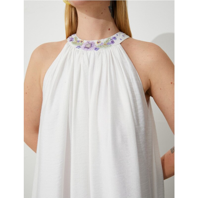 Koton Tuba Ünsal X Cotton - Halterneck Maxi Dress with Beads Embroidered
