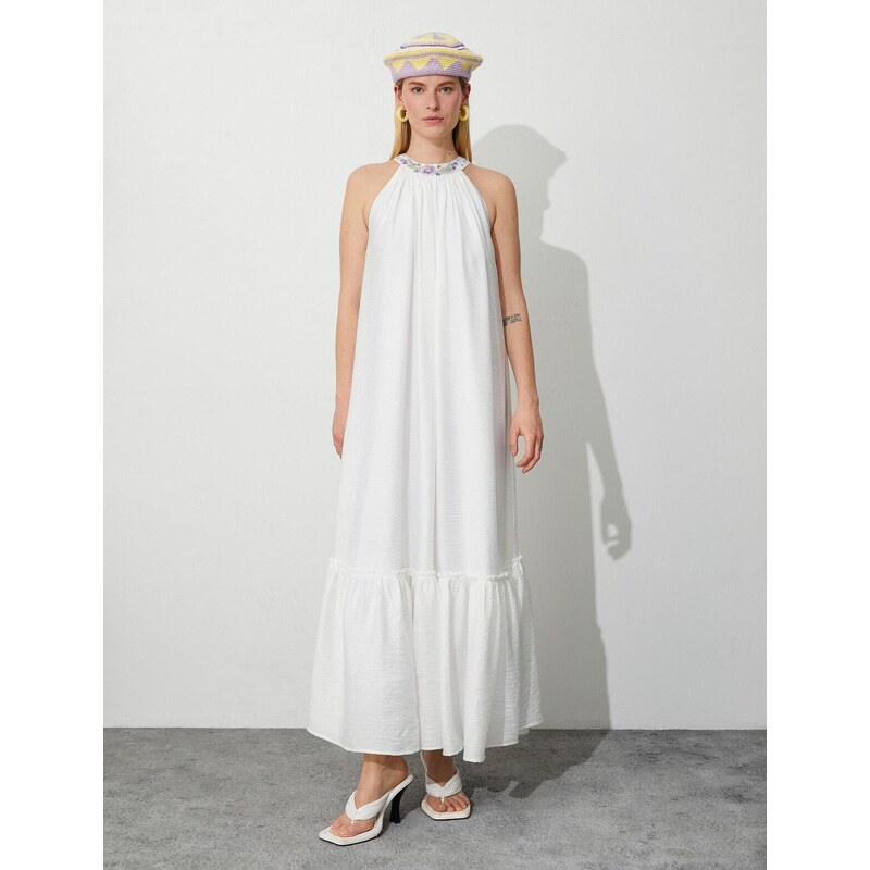 Koton Tuba Ünsal X Cotton - Halterneck Maxi Dress with Beads Embroidered