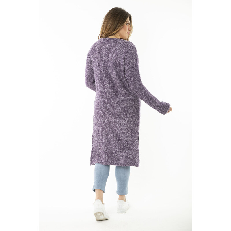 Şans Women's Large Size Purple Slit Thick Knitwear Long Cardigan