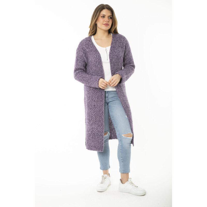 Şans Women's Large Size Purple Slit Thick Knitwear Long Cardigan