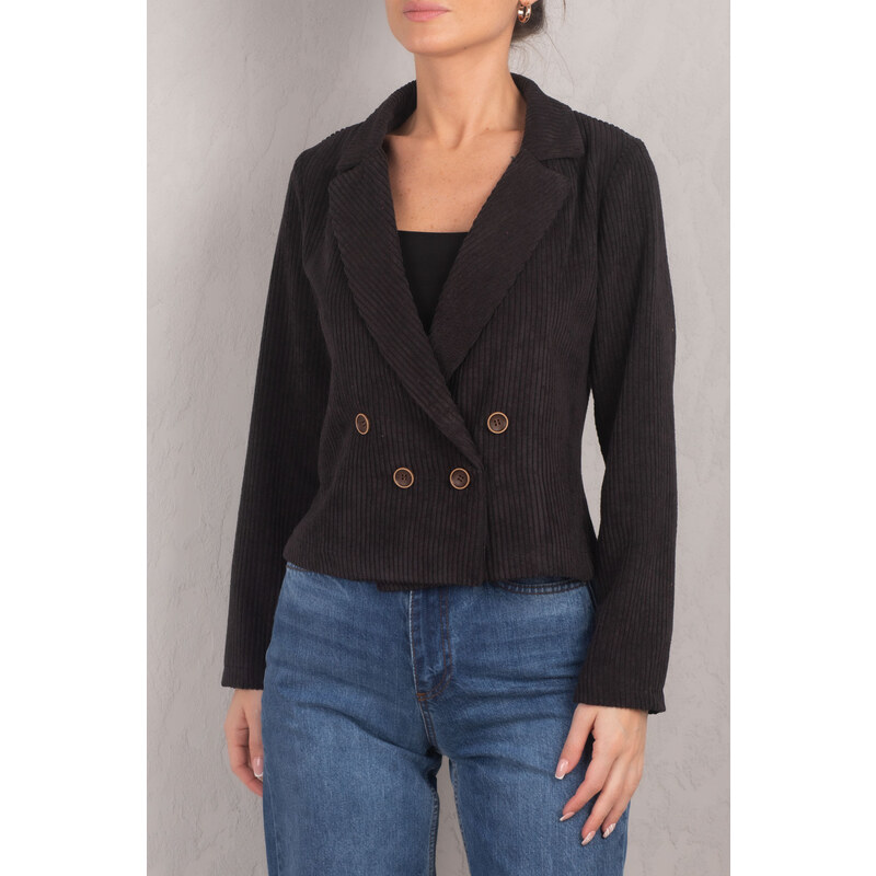 armonika Women's Black Double Breasted Collar Velvet Crop Jacket