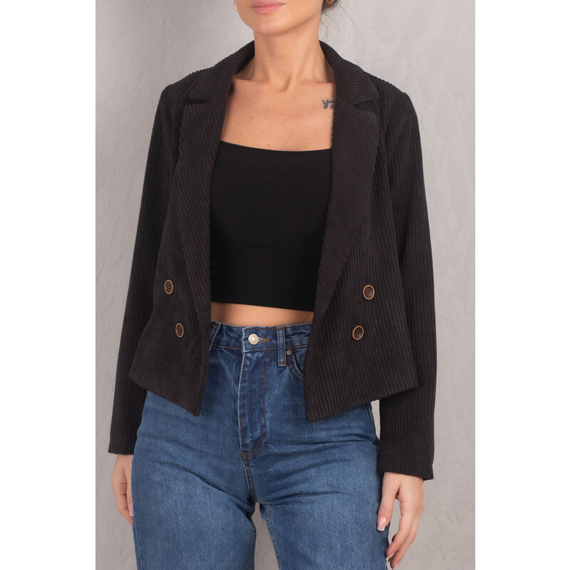 armonika Women's Black Double Breasted Collar Velvet Crop Jacket