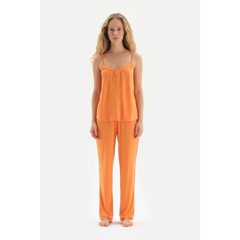 Dagi Orange Strap Button Detailed Viscose Pajama Set