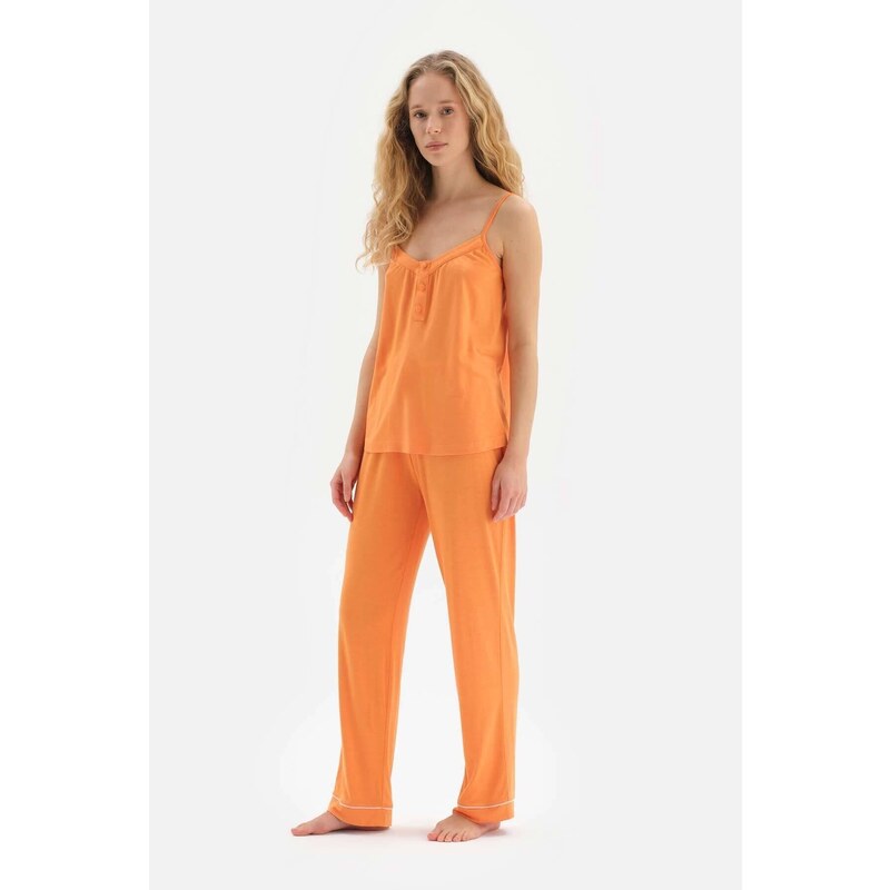 Dagi Orange Strap Button Detailed Viscose Pajama Set