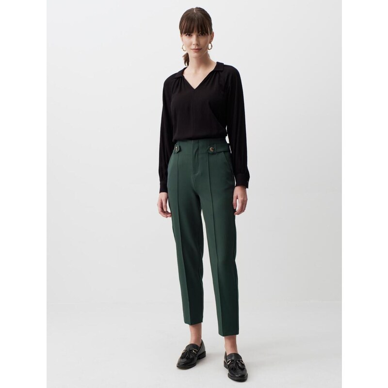 Jimmy Key Dark Green Straight Cut High Waist Elegant Fabric Trousers