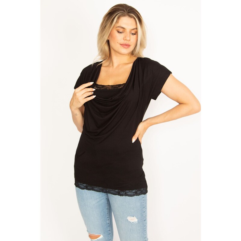 Şans Women's Plus Size Black Collar And Lace Detailed Low-Collar Blouse With A Neck And Hem