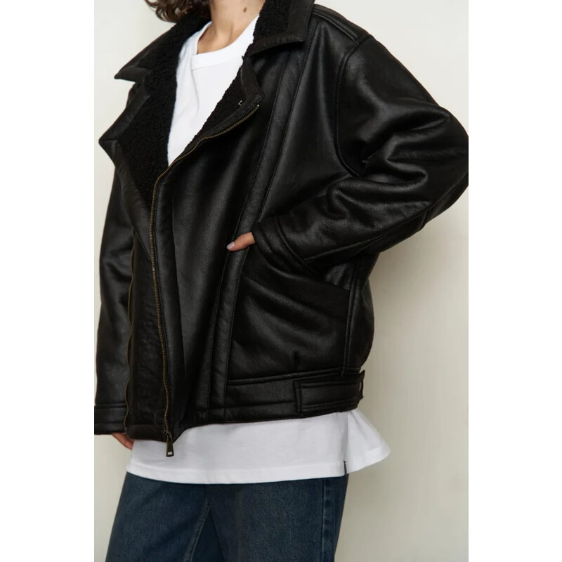 Laluvia Black Fur Inside Leather Coat