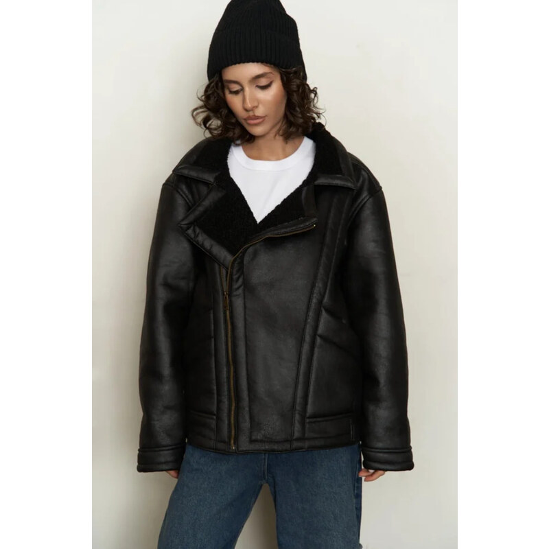 Laluvia Black Fur Inside Leather Coat