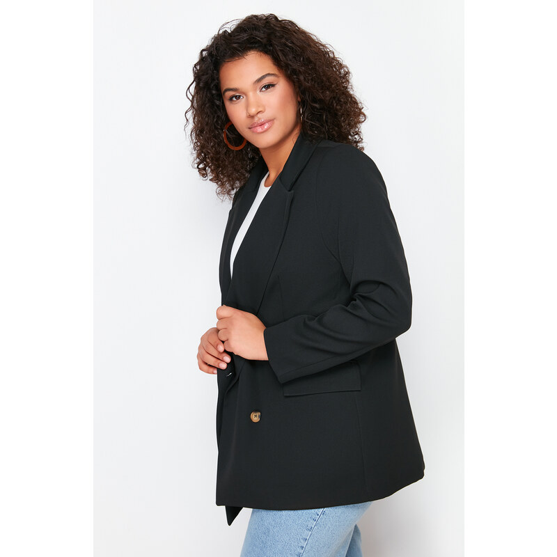 Trendyol Curve Black Oversize Lined Double Breasted Closure Woven Blazer Jacket