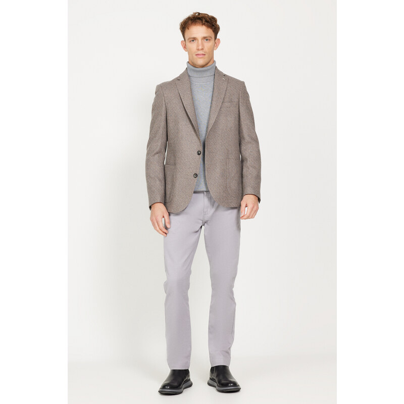 ALTINYILDIZ CLASSICS Men's Brown-blue Slim Fit Slim Fit Mono Collar Patterned Wool Blazer Jacket