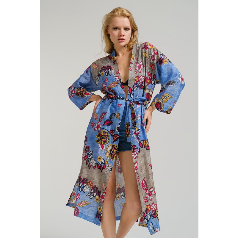 armonika Women's Blue Patterned Long Kimono