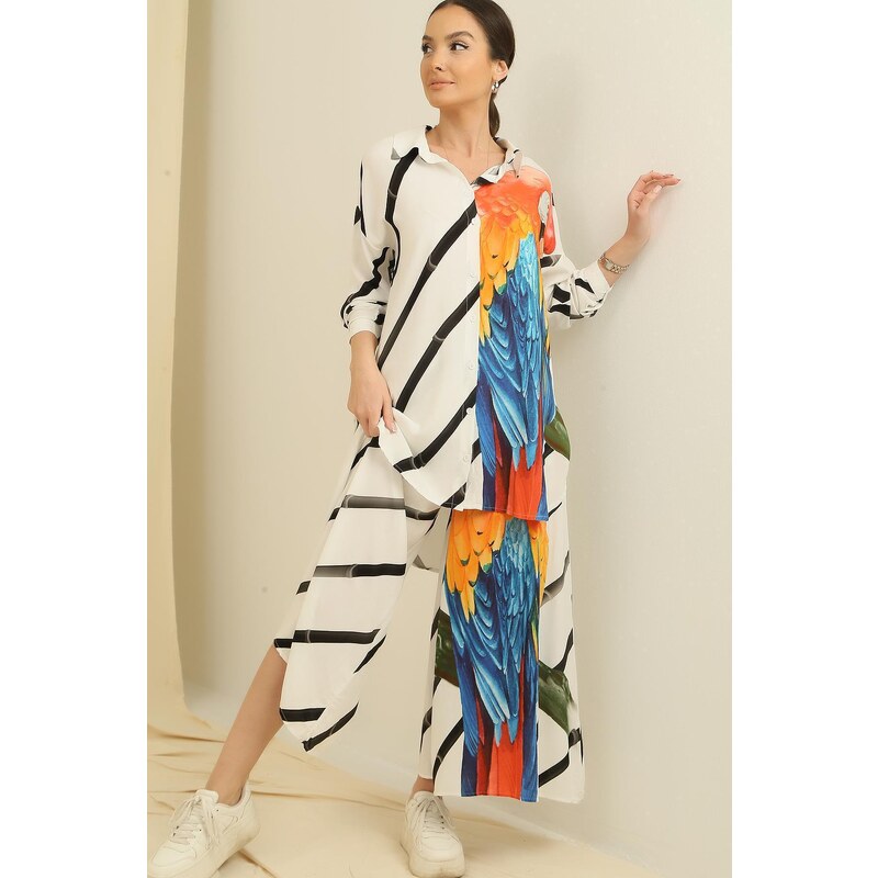 By Saygı Side Slit Tunic Shirt Waist Elastic Pocket Palazzo Trousers Parrot Pattern Oversize Viscose