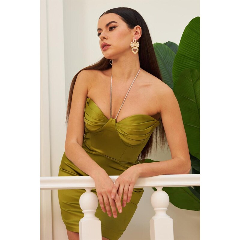 Carmen Pistachio Green Satin Strapless Short Evening Dress