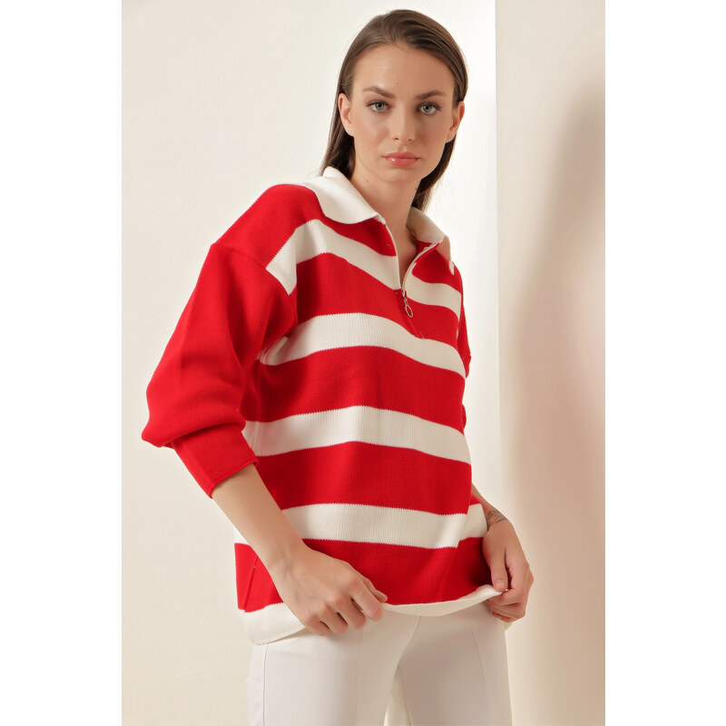 Bigdart 4512 Striped Oversized Sweater - Red