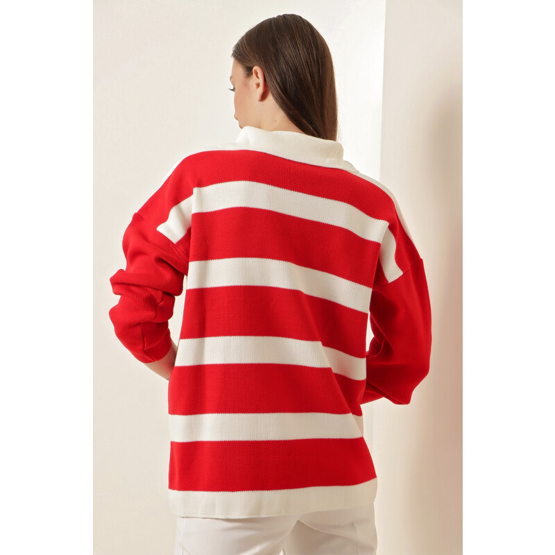 Bigdart 4512 Striped Oversized Sweater - Red