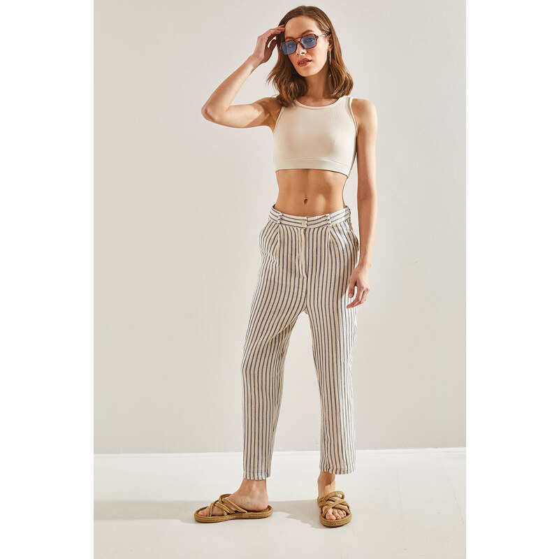 Bianco Lucci Women's Striped Front Pop Up Trousers