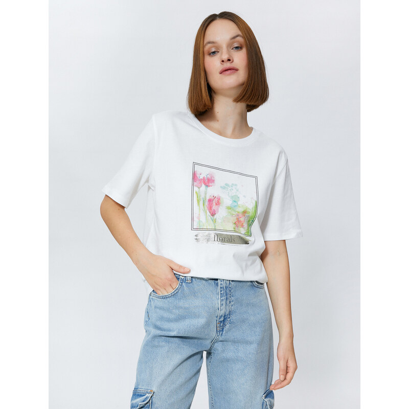 Koton Relax Fit T-Shirt with Floral Print Cotton