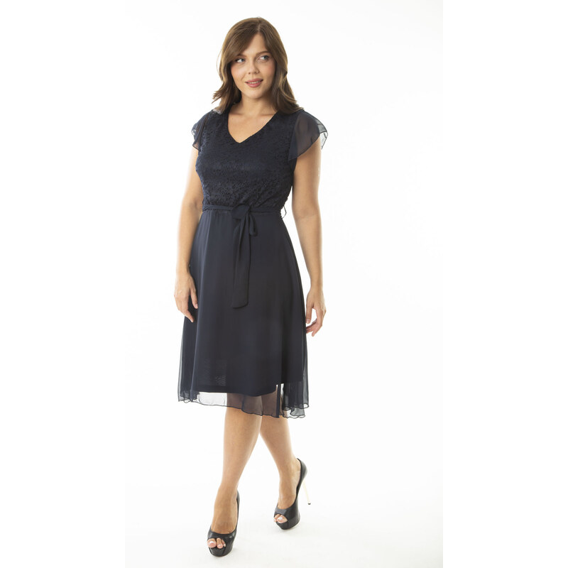 Şans Women's Plus Size Navy Blue Top With Lace Chiffon Fabric Lined Dress